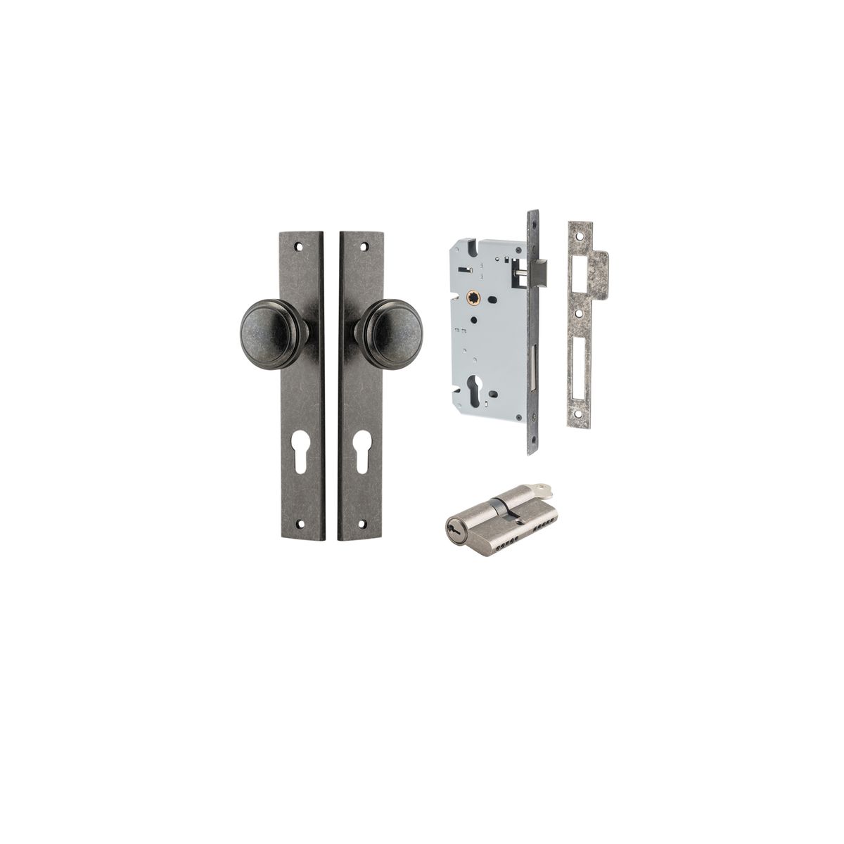 13820KENTR60KK - Paddington Knob - Rectangular Backplate Entrance Kit with High Security Lock - Distressed Nickel - Entrance