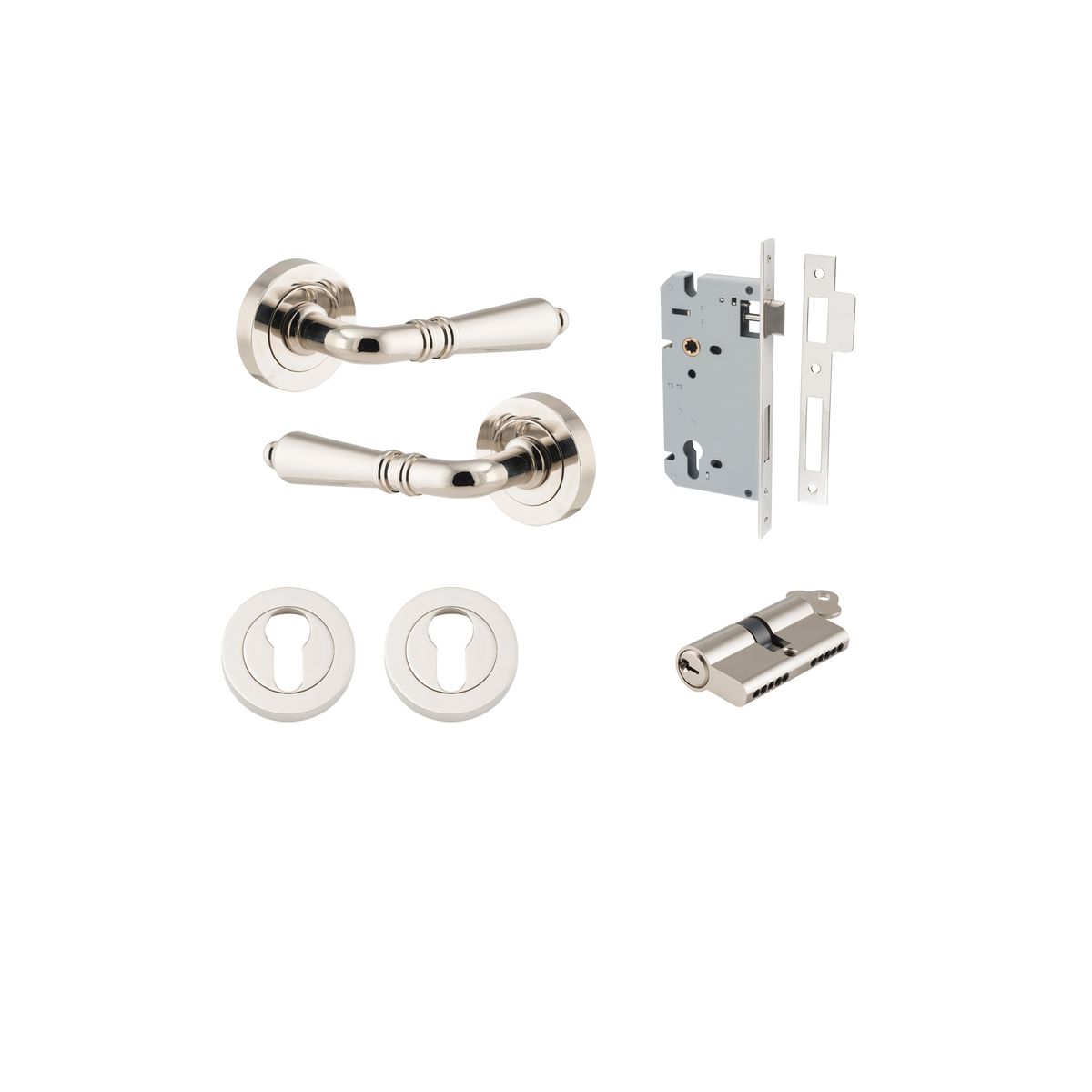 9208KENTR60KK - Sarlat Lever - Round Rose Entrance Kit with Separate High Security Lock - Polished Nickel - Entrance