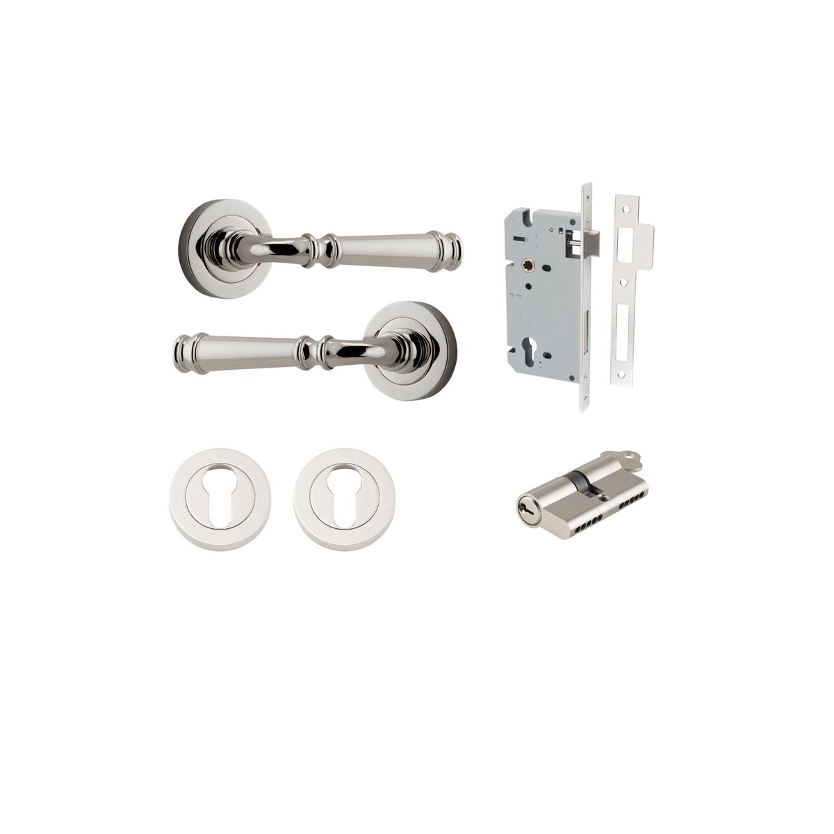 0318KENTR60KK - Verona Lever - Round Rose Entrance Kit with Separate High Security Lock - Polished Nickel - Entrance