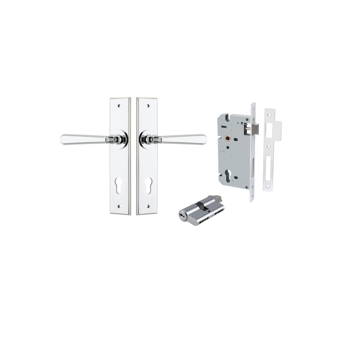 11880KENTR60KK - Copenhagen Lever - Chamfered Backplate Entrance Kit with High Security Lock - Polished Chrome - Entrance
