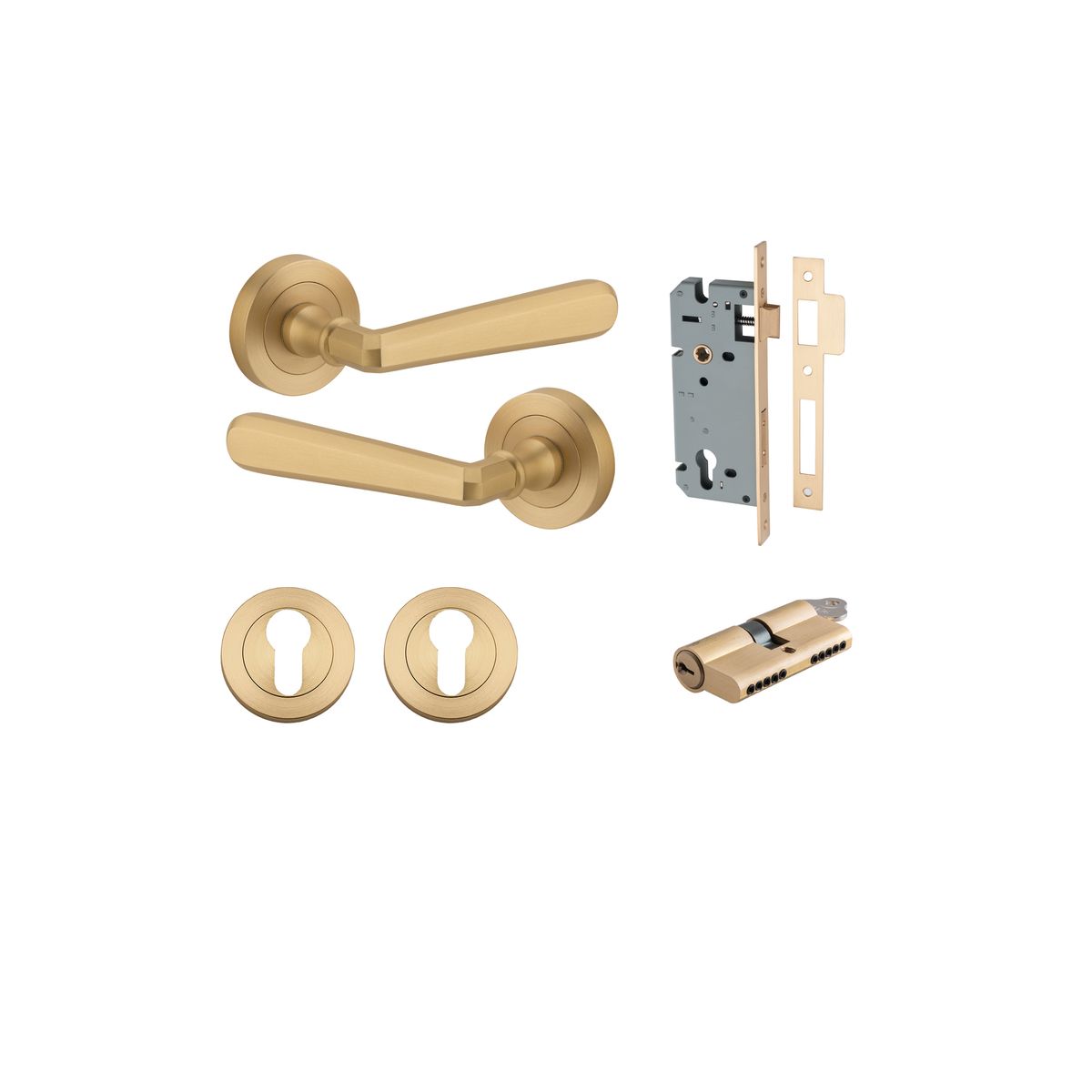 20806KENTR60KK - Copenhagen Lever - Round Rose Entrance Kit with Separate High Security Lock - Brushed Brass - Entrance