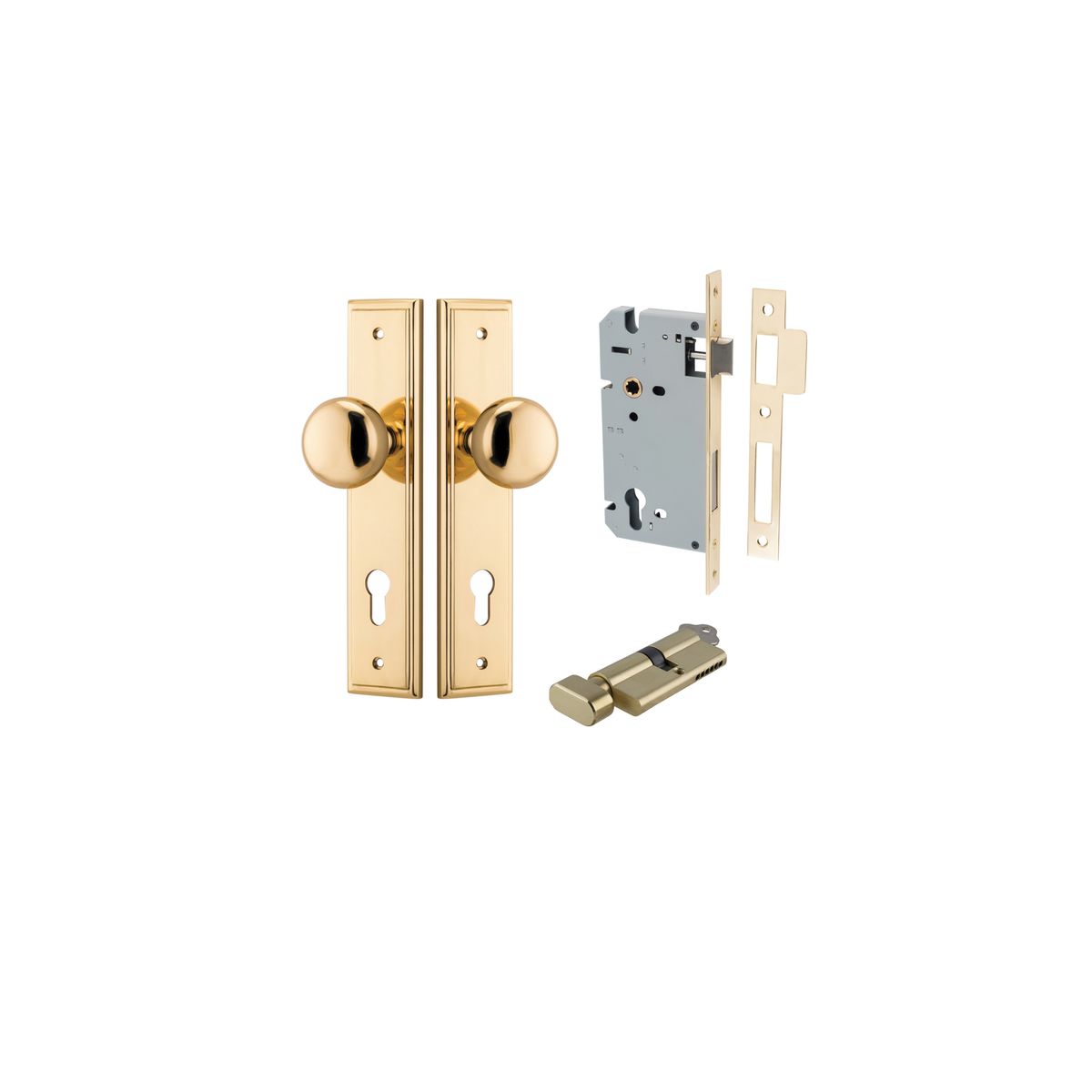 10340KENTR60KT - Cambridge Knob - Stepped Backplate Entrance Kit with High Security Lock - Polished Brass - Entrance