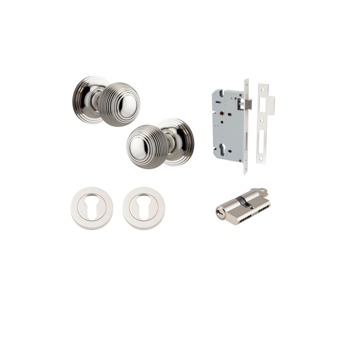 0228KENTR60KK - Guildford Knob - Round Rose Entrance Kit with Separate High Security Lock - Polished Nickel - Entrance