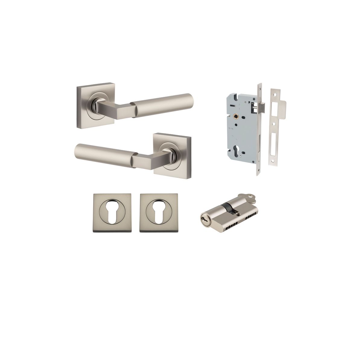 0419KENTR60KK - Berlin Lever - Square Rose Entrance Kit with High Security Lock - Satin Nickel - Entrance