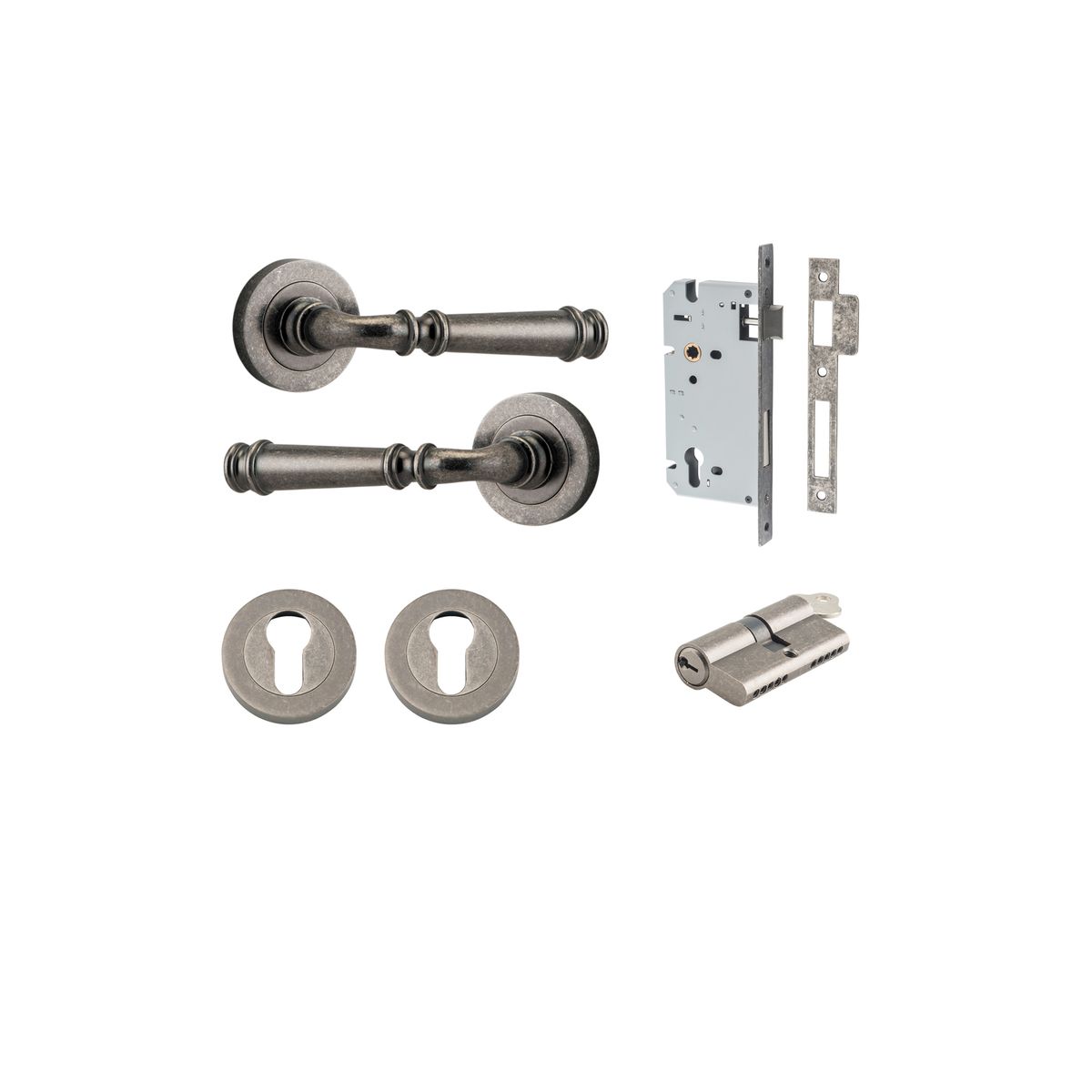 0317KENTR60KK - Verona Lever - Round Rose Entrance Kit with Separate High Security Lock - Distressed Nickel - Entrance