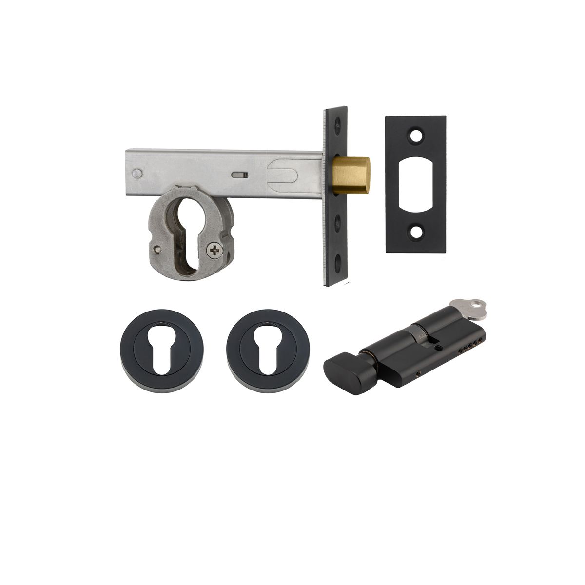 22552K70KTER - Euro Mortice Deadbolt Kit - 70mm Backset with Round Euro Escutcheon Key/Thumb - Matt Black - Entrance