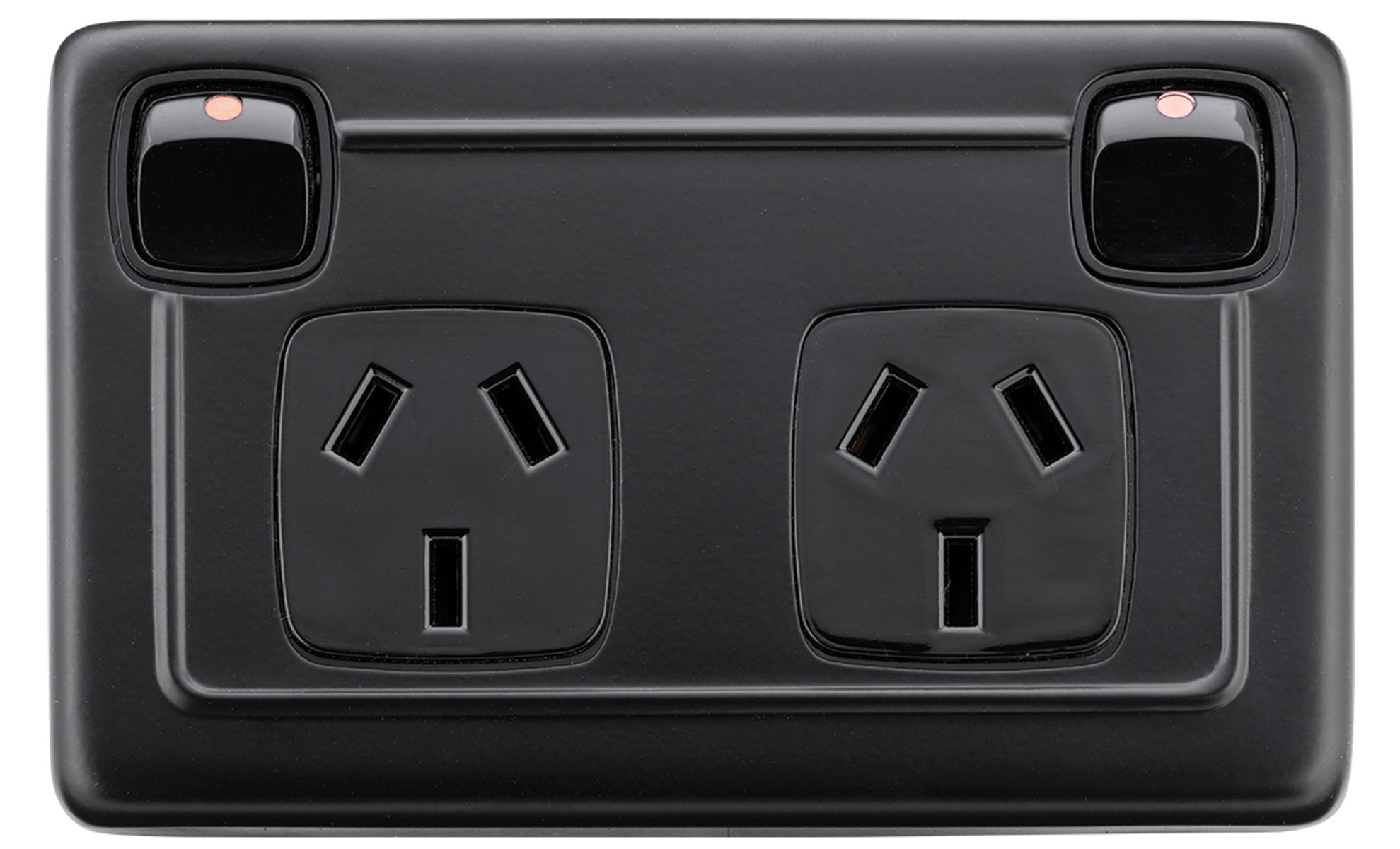Switch Rocker On Socket 2 Gang Flat Plate Rocker Switches with Double Socket - Matt Black - TradCo