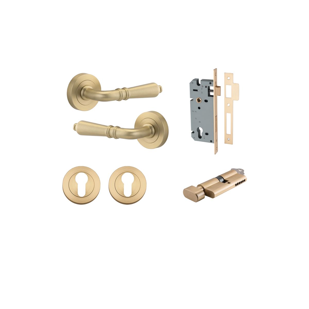 9199KENTR60KT - Sarlat Lever - Round Rose Entrance Kit with Separate High Security Lock - Brushed Brass - Entrance