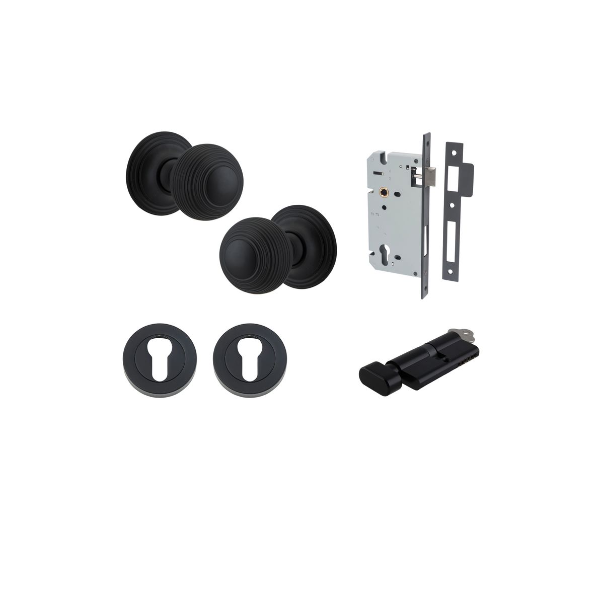0223KENTR60KT - Guildford Knob - Round Rose Entrance Kit with Separate High Security Lock - Matt Black - Entrance