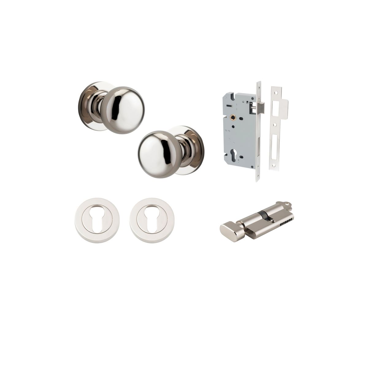 0208KENTR60KT - Cambridge Knob - Round Rose Entrance Kit with Separate High Security Lock - Polished Nickel - Entrance