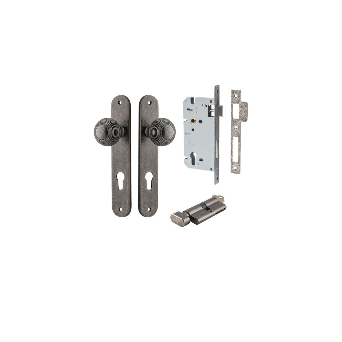 13836KENTR60KT - Guildford Knob - Oval Backplate Entrance Kit with High Security Lock - Distressed Nickel - Entrance