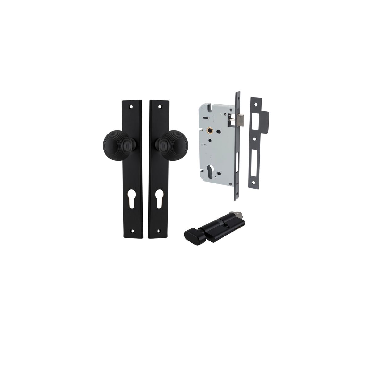 12824KENTR60KT - Guildford Knob - Rectangular Backplate Entrance Kit with High Security Lock - Matt Black - Entrance