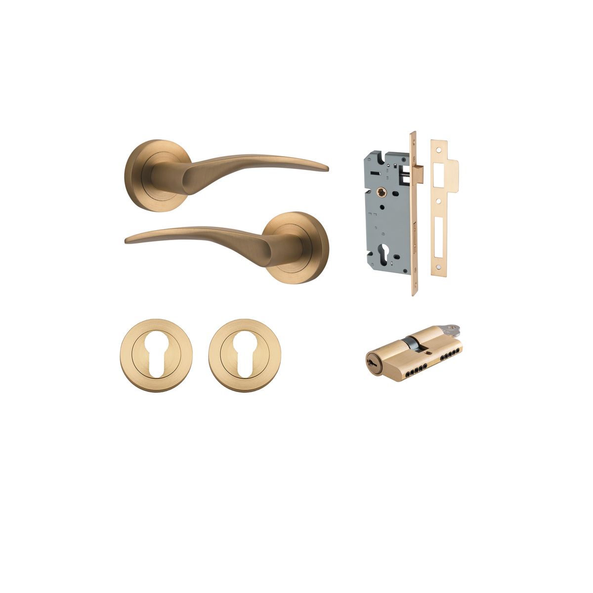 9364KENTR60KK - Oxford Lever - Round Rose Entrance Kit with Separate High Security Lock - Brushed Brass - Entrance