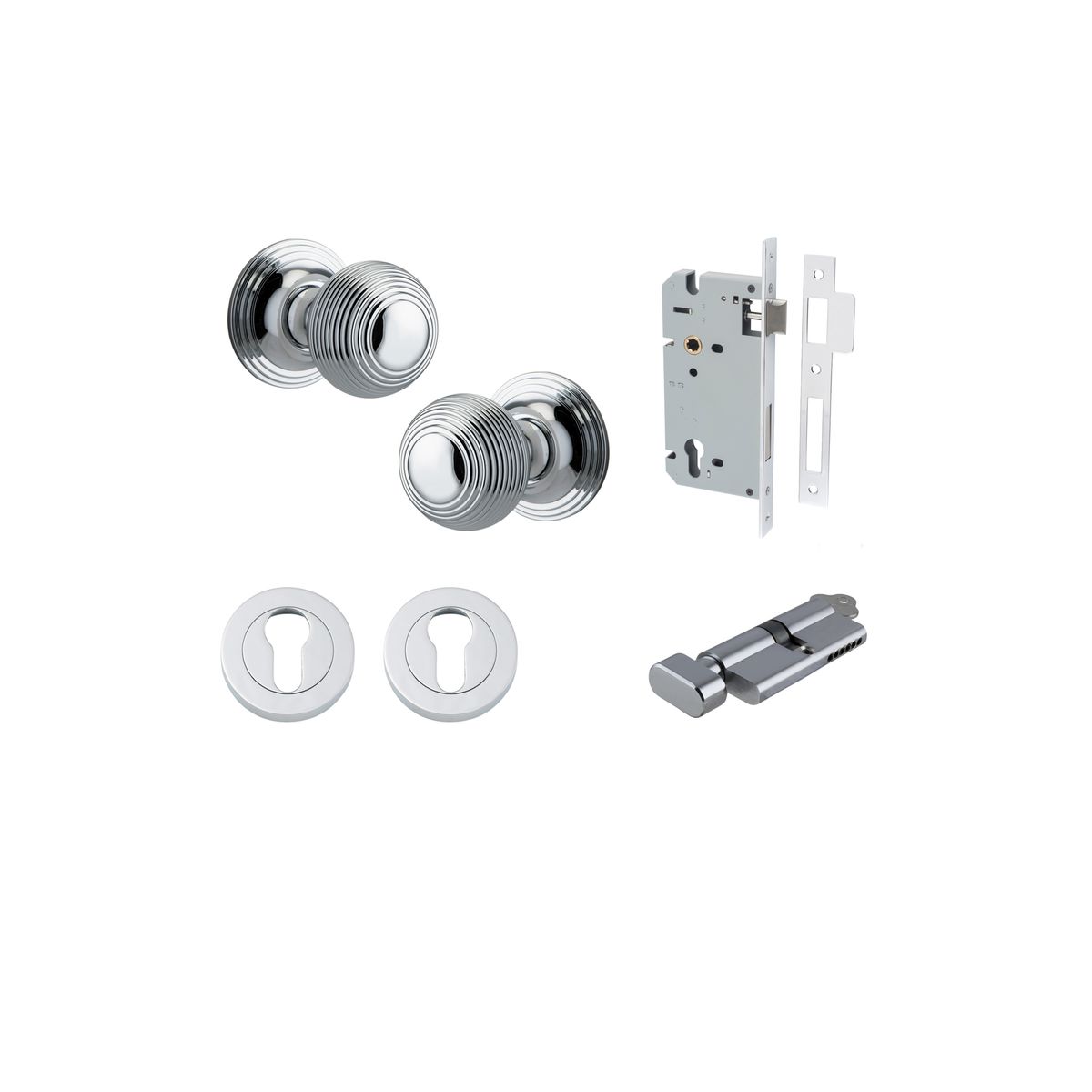 0224KENTR60KT - Guildford Knob - Round Rose Entrance Kit with Separate High Security Lock - Polished Chrome - Entrance