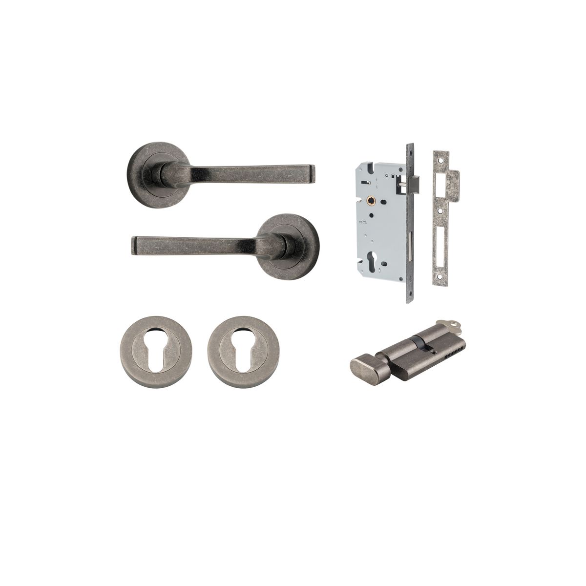 0327KENTR60KT - Annecy Lever - Round Rose Entrance Kit with Separate High Security Lock - Distressed Nickel - Entrance