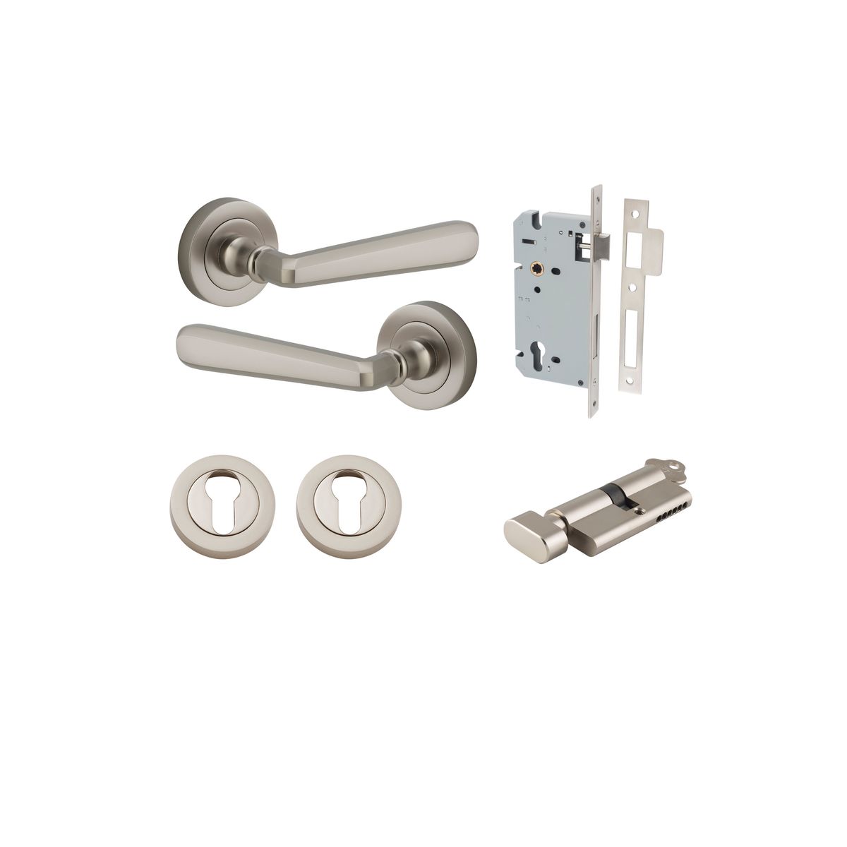 20809KENTR60KT - Copenhagen Lever - Round Rose Entrance Kit with Separate High Security Lock - Satin Nickel - Entrance