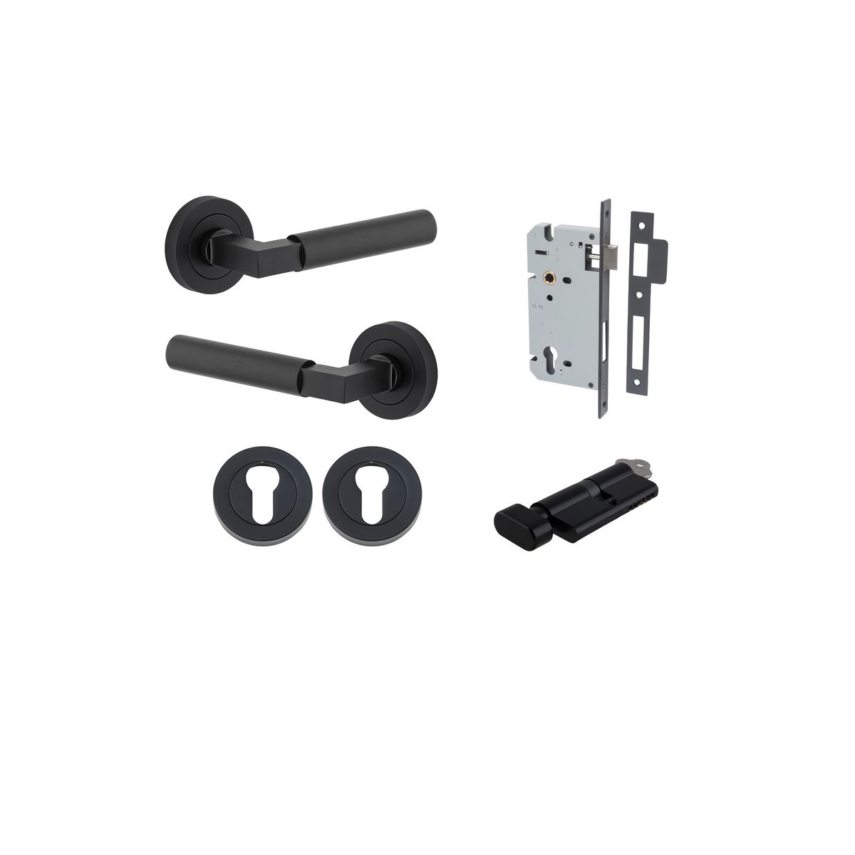 0343KENTR60KT - Berlin Lever - Round Rose Entrance Kit with High Security Lock - Matt Black - Entrance