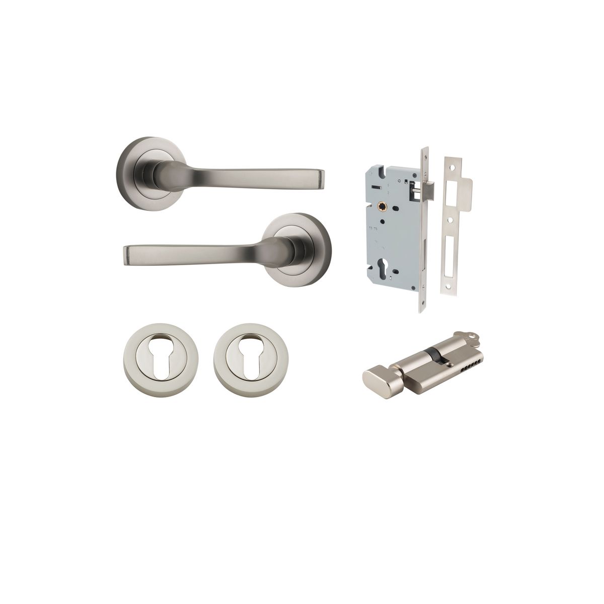 0329KENTR60KT - Annecy Lever - Round Rose Entrance Kit with Separate High Security Lock - Satin Nickel - Entrance