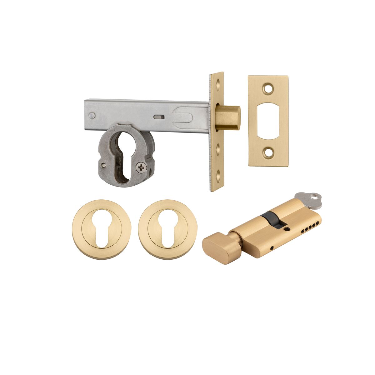 22160K60KTER - Euro Mortice Deadbolt Kit - 60mm Backset with Round Euro Escutcheon Key/Thumb - Brushed Gold PVD - Entrance