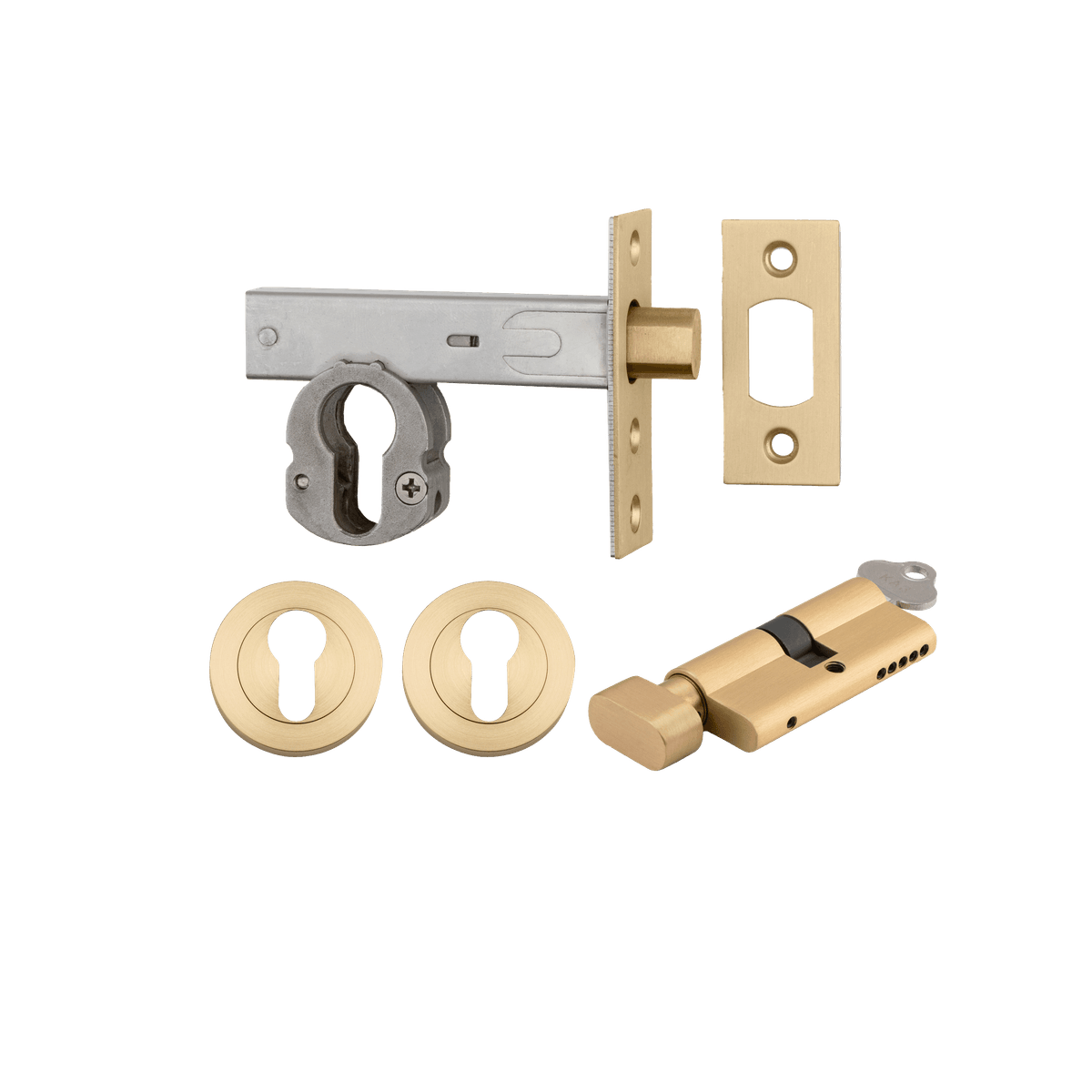 22160K60KTER - Euro Mortice Deadbolt Kit - 60mm Backset with Round Euro Escutcheon Key/Thumb - Brushed Gold PVD - Entrance