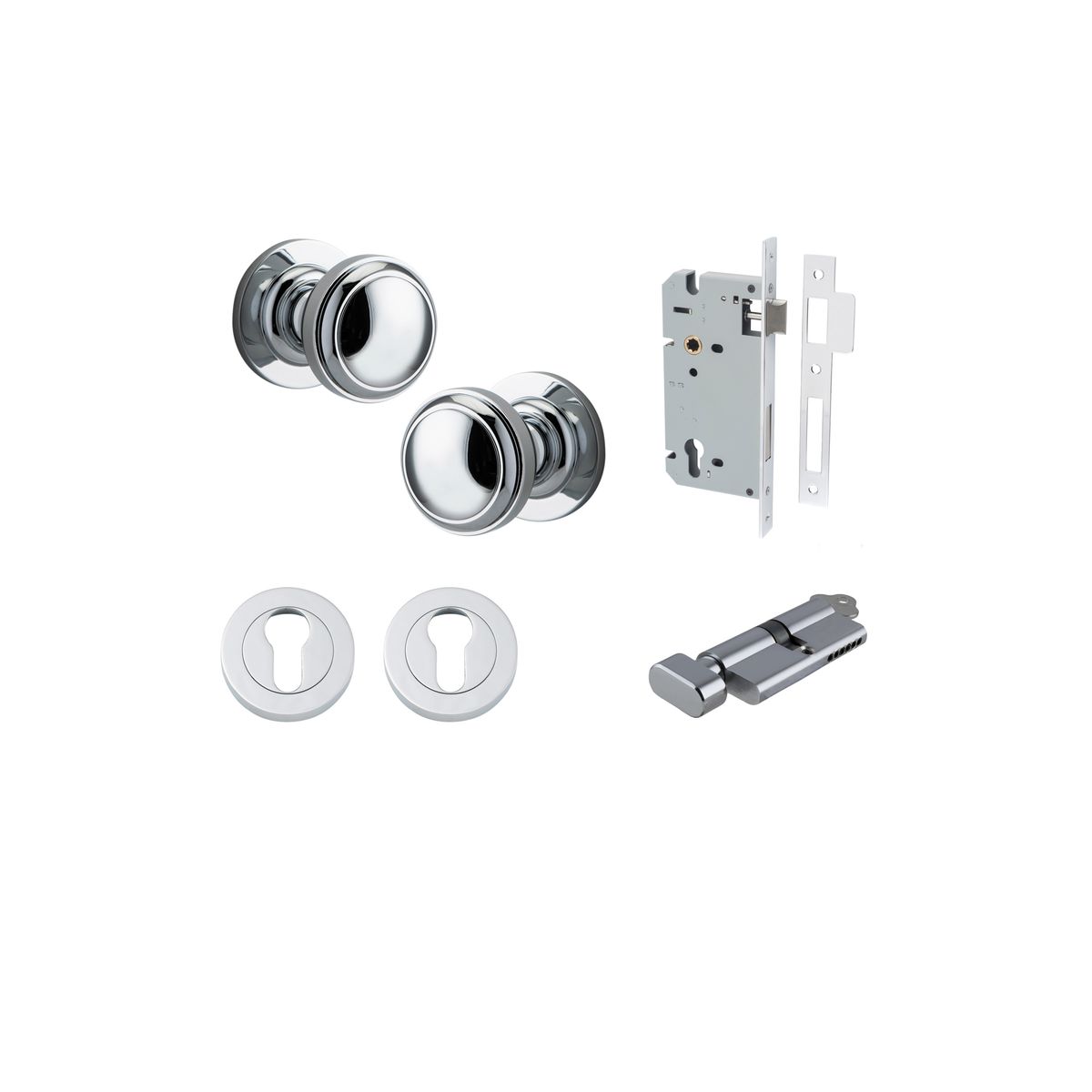 0214KENTR60KT - Paddington Knob - Round Rose Entrance Kit with Separate High Security Lock - Polished Chrome - Entrance