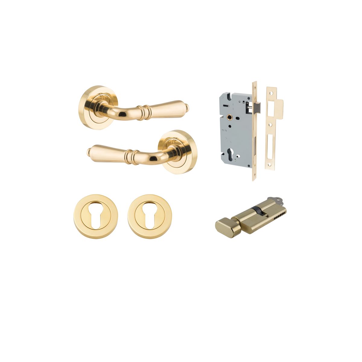 9200KENTR60KT - Sarlat Lever - Round Rose Entrance Kit with Separate High Security Lock - Polished Brass - Entrance