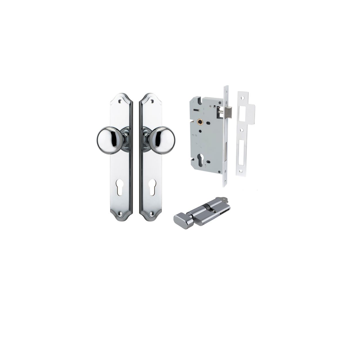 11828KENTR60KT - Cambridge Knob - Shouldered Backplate Entrance Kit with High Security Lock - Polished Chrome - Entrance