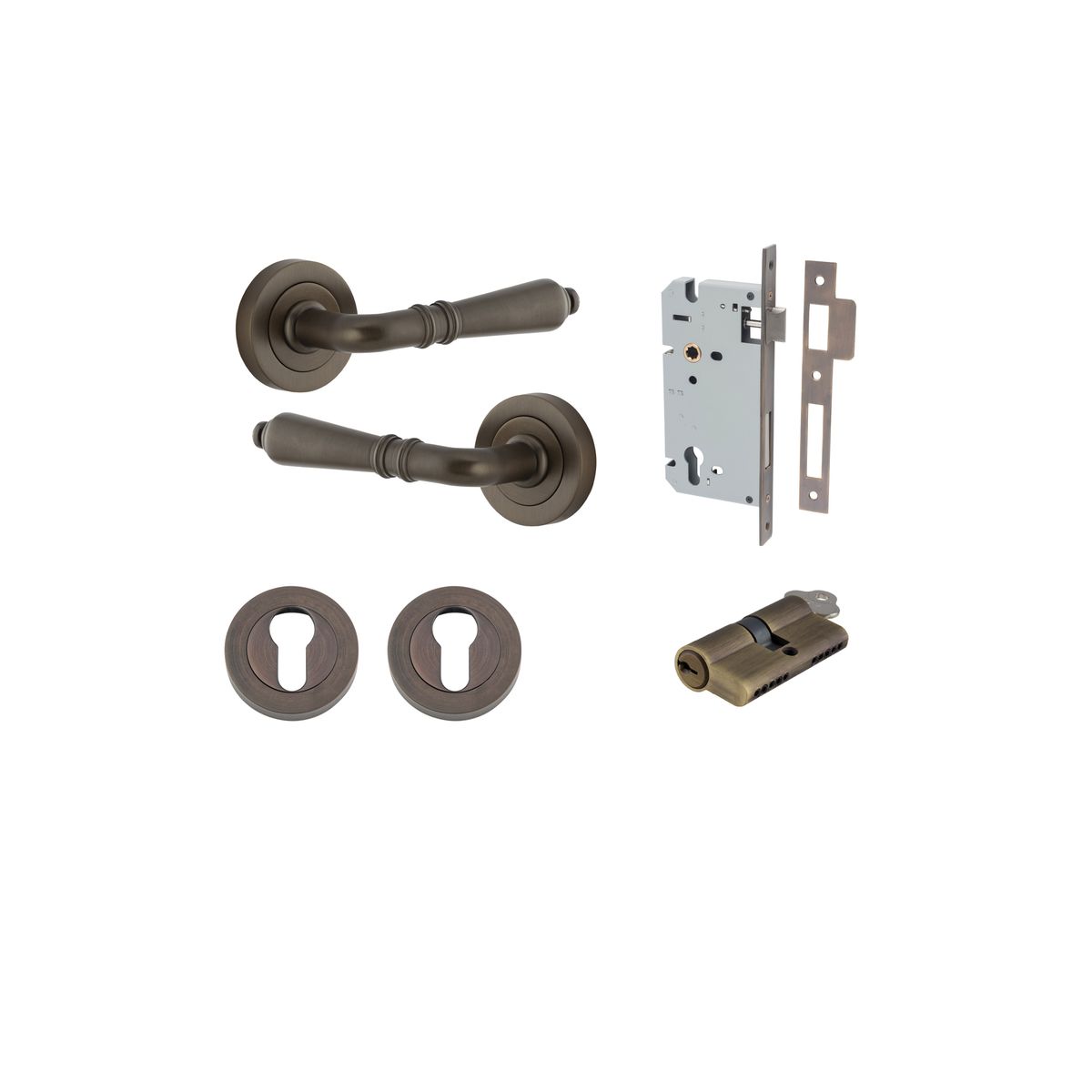 9201KENTR60KK - Sarlat Lever - Round Rose Entrance Kit with Separate High Security Lock - Signature Brass - Entrance