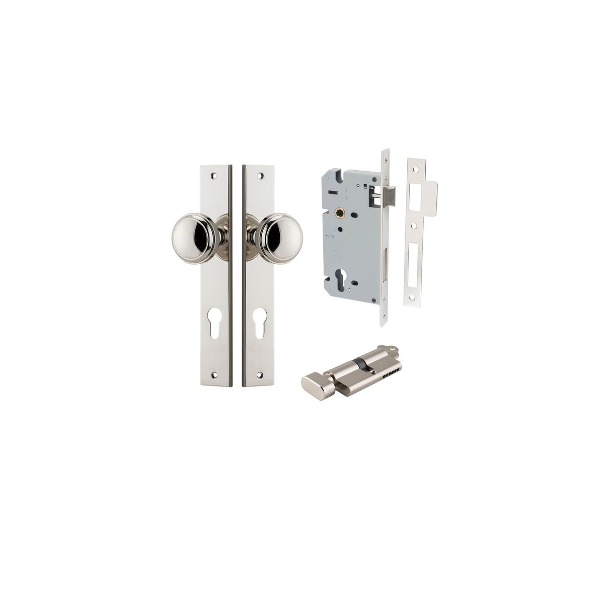 14320KENTR60KT - Paddington Knob - Rectangular Backplate Entrance Kit with High Security Lock - Polished Nickel - Entrance