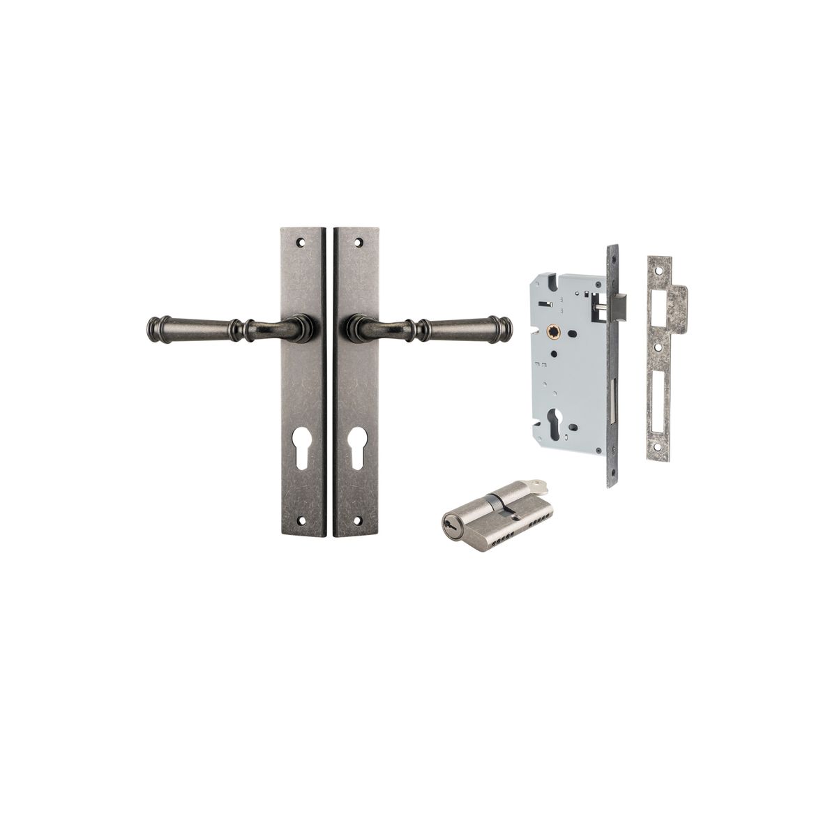 13706KENTR60KK - Verona Lever - Rectangular Backplate Entrance Kit with High Security Lock - Distressed Nickel - Entrance
