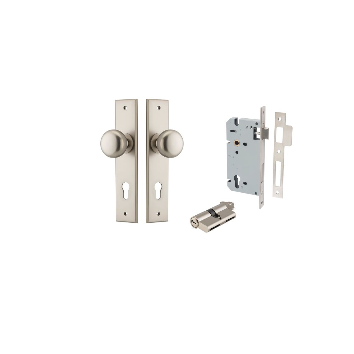 14946KENTR60KK - Cambridge Knob - Chamfered Backplate Entrance Kit with High Security Lock - Satin Nickel - Entrance