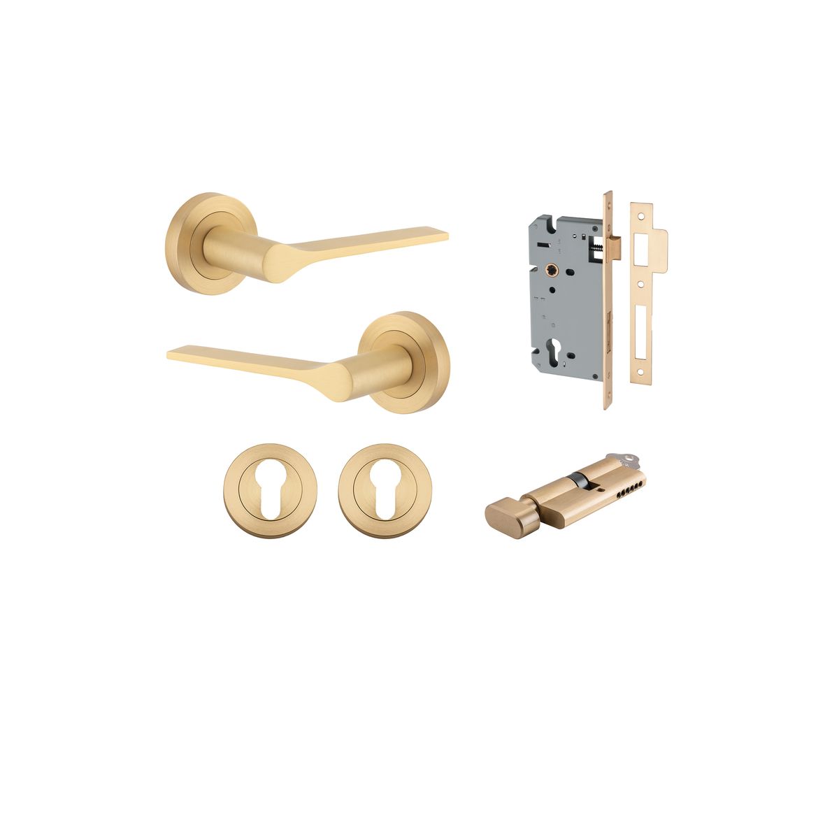 0455KENTR60KT - Como Lever - Round Rose Entrance Kit with High Security Lock - Brushed Brass - Entrance