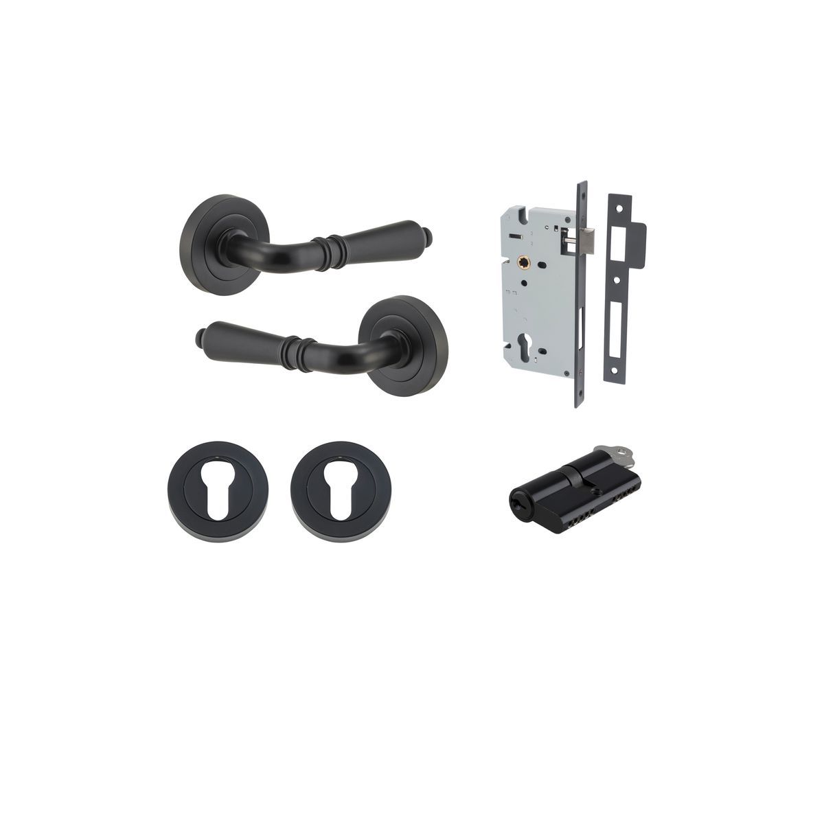 9203KENTR60KK - Sarlat Lever - Round Rose Entrance Kit with Separate High Security Lock - Matt Black - Entrance