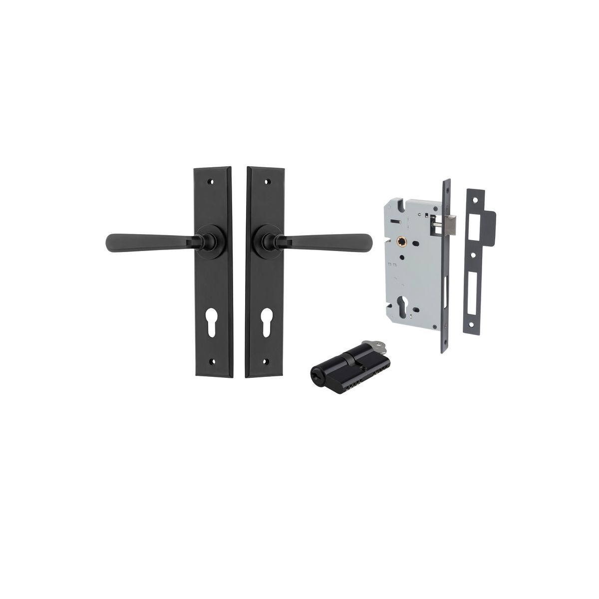 12880KENTR60KK - Copenhagen Lever - Chamfered Backplate Entrance Kit with High Security Lock - Matt Black - Entrance