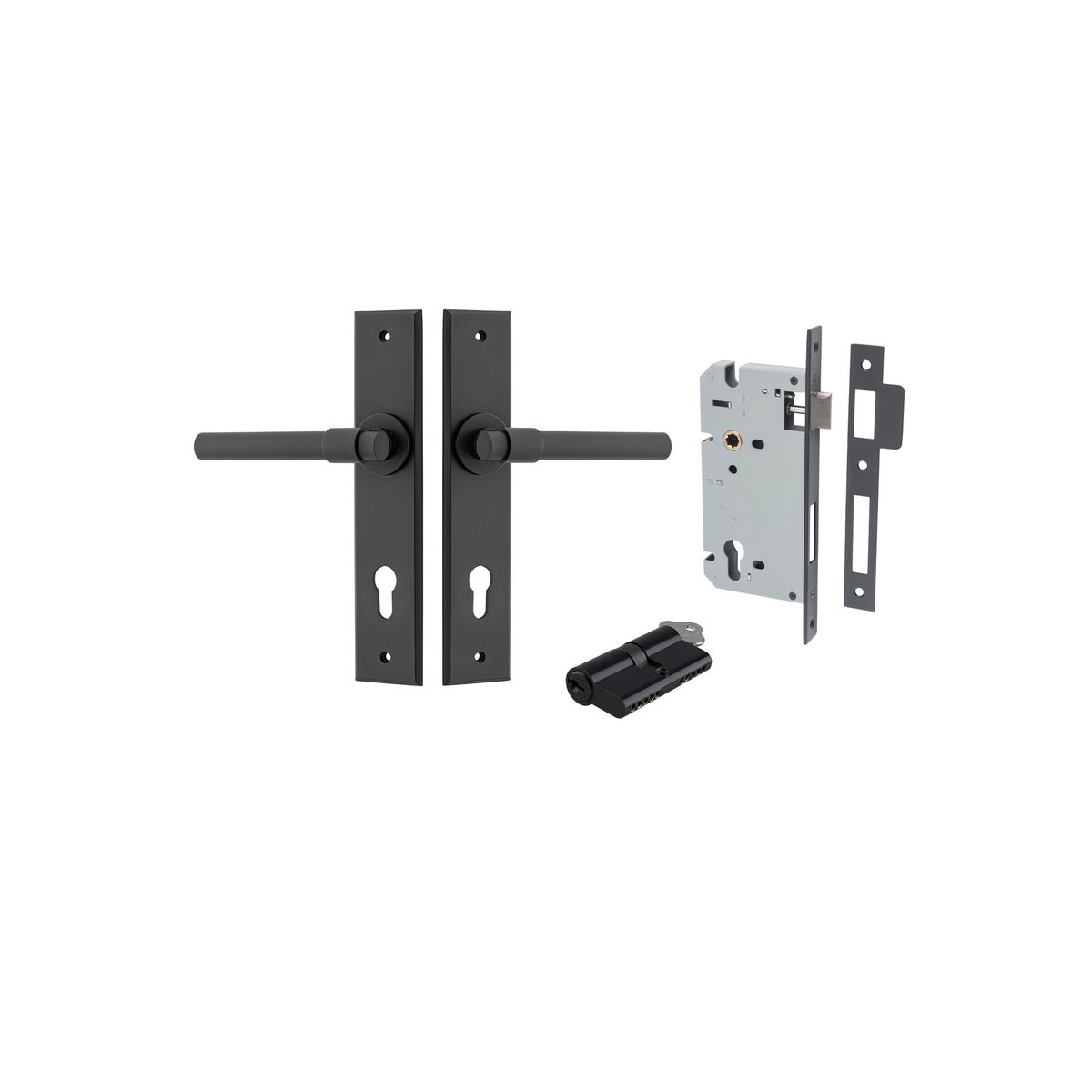 12904KENTR60KK - Helsinki Lever - Chamfered Backplate Entrance Kit with High Security Lock - Matt Black - Entrance