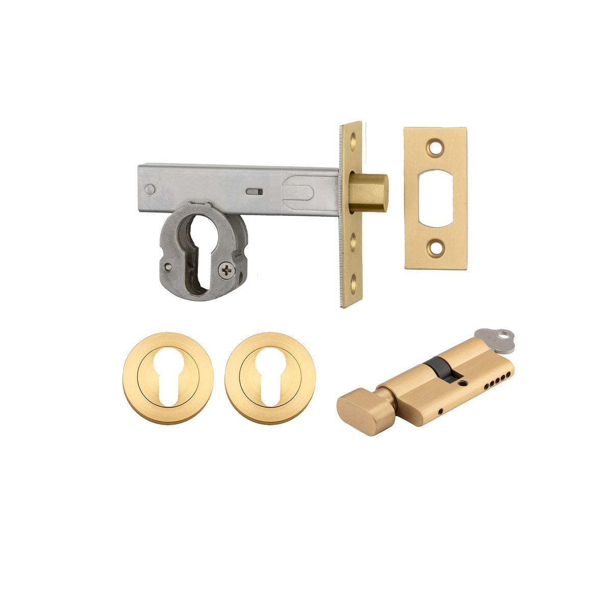 22555K70KTER - Euro Mortice Deadbolt Kit - 70mm Backset with Round Euro Escutcheon Key/Thumb - Brushed Brass - Entrance