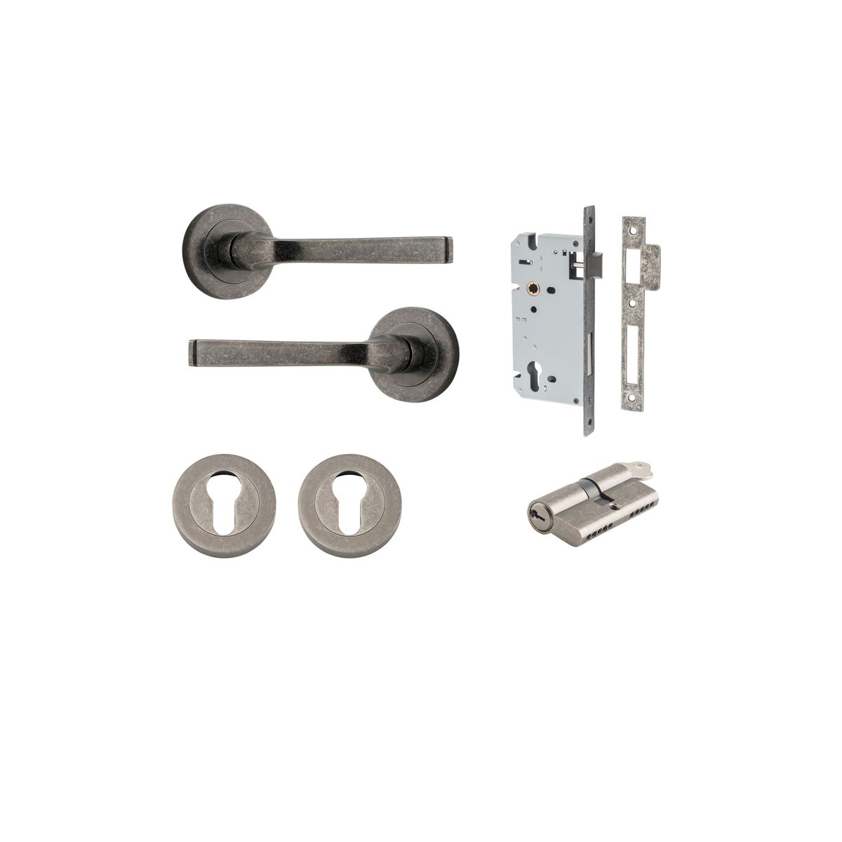 0327KENTR60KK - Annecy Lever - Round Rose Entrance Kit with Separate High Security Lock - Distressed Nickel - Entrance