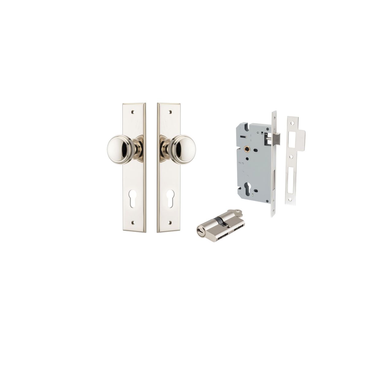 14331KENTR60KK - Paddington Knob - Chamfered Backplate Entrance Kit with High Security Lock - Polished Nickel - Entrance