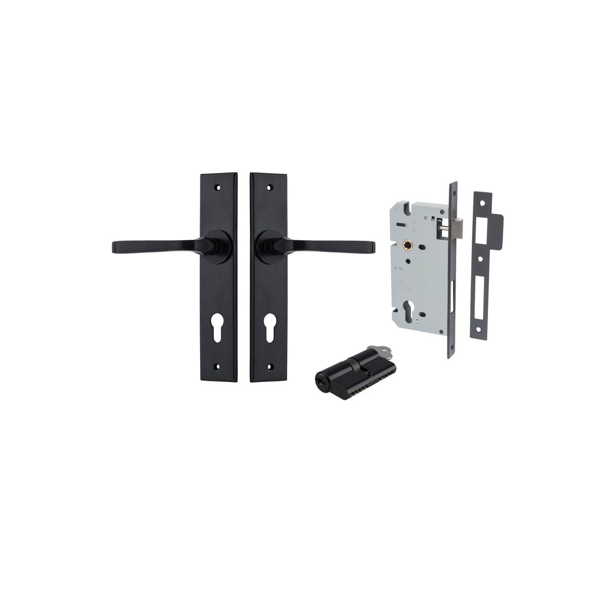 12788KENTR60KK - Annecy Lever - Chamfered Backplate Entrance Kit with High Security Lock - Matt Black - Entrance