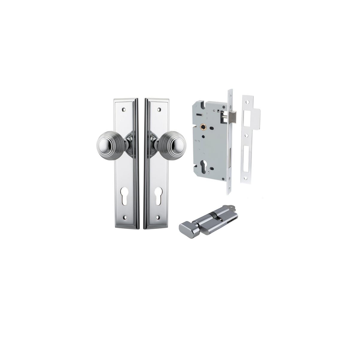 11842KENTR60KT - Guildford Knob - Stepped Backplate Entrance Kit with High Security Lock - Polished Chrome - Entrance