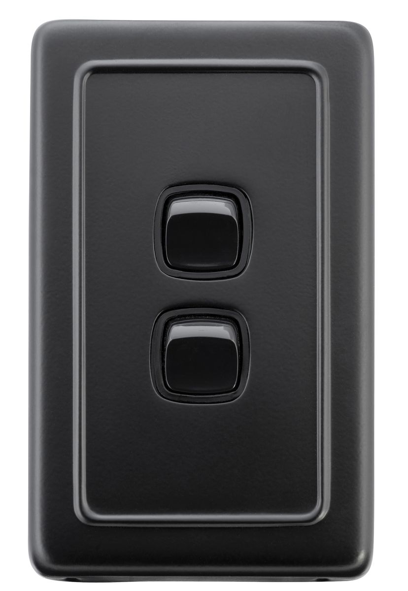 Two Faces Rocker Switch 2 Gang Flat Plate Rocker Switches - W72mm - Matt Black - TradCo