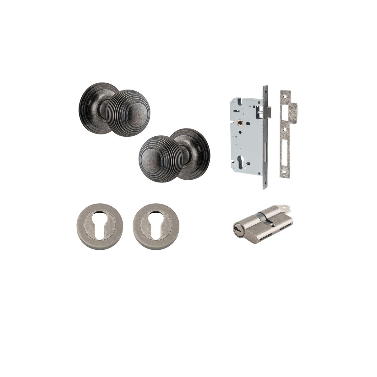 0227KENTR60KK - Guildford Knob - Round Rose Entrance Kit with Separate High Security Lock - Distressed Nickel - Entrance