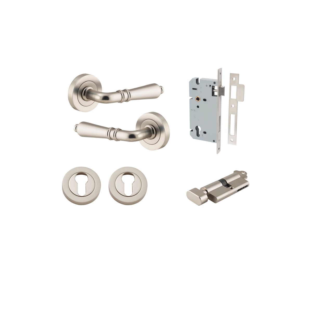 9209KENTR60KT - Sarlat Lever - Round Rose Entrance Kit with Separate High Security Lock - Satin Nickel - Entrance