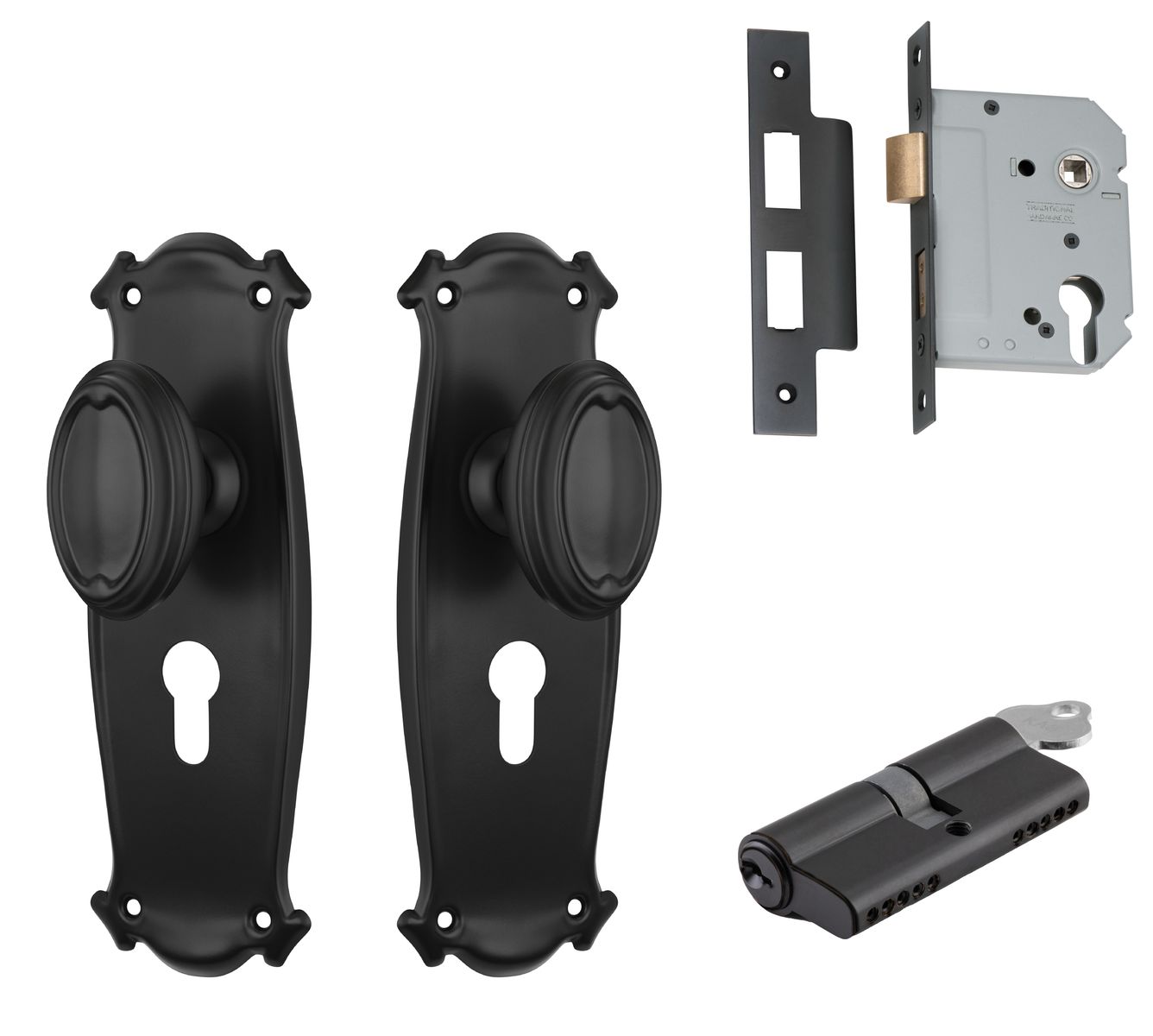 Bungalow Door Knob - Long Backplate Entrance Set with High Security Lock