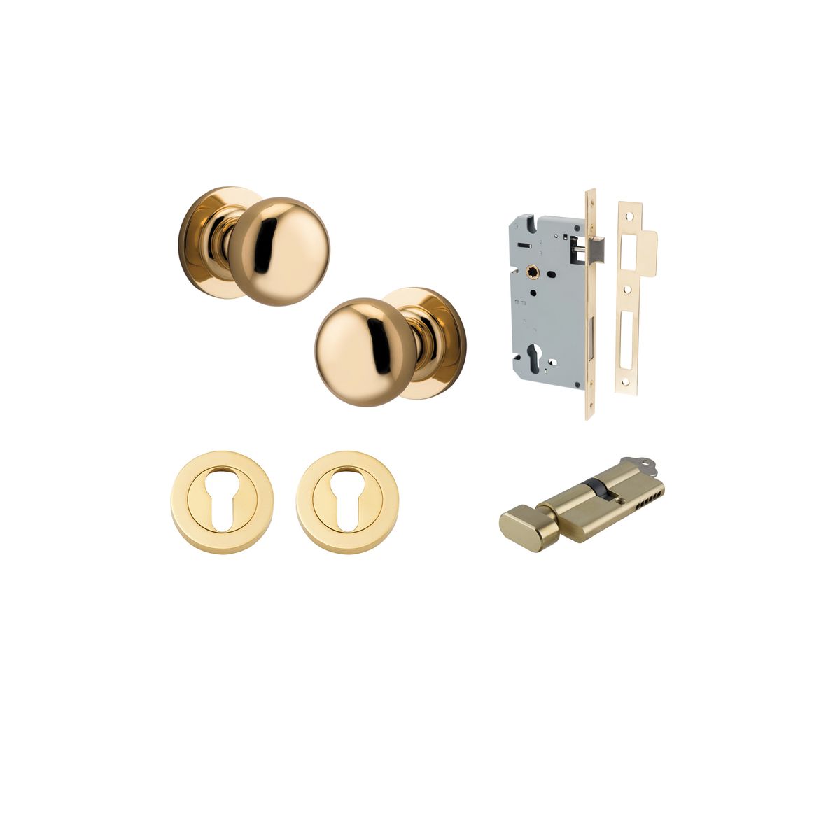 0200KENTR60KT - Cambridge Knob - Round Rose Entrance Kit with Separate High Security Lock - Polished Brass - Entrance
