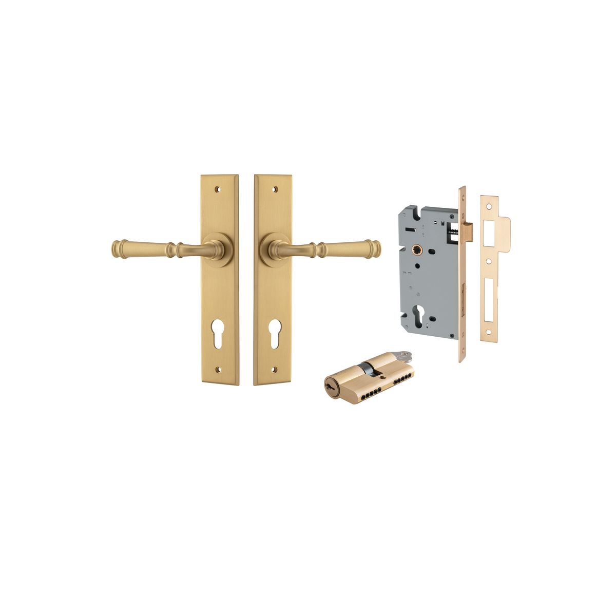 13286KENTR60KK - Verona Lever - Chamfered Backplate Entrance Kit with High Security Lock - Brushed Brass - Entrance