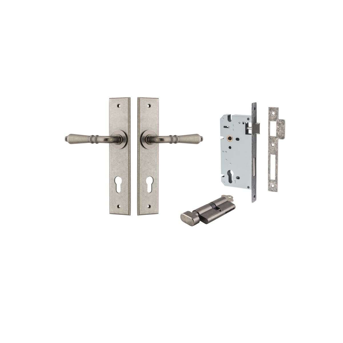 13780KENTR60KT - Sarlat Lever - Chamfered Backplate Entrance Kit with High Security Lock - Distressed Nickel - Entrance