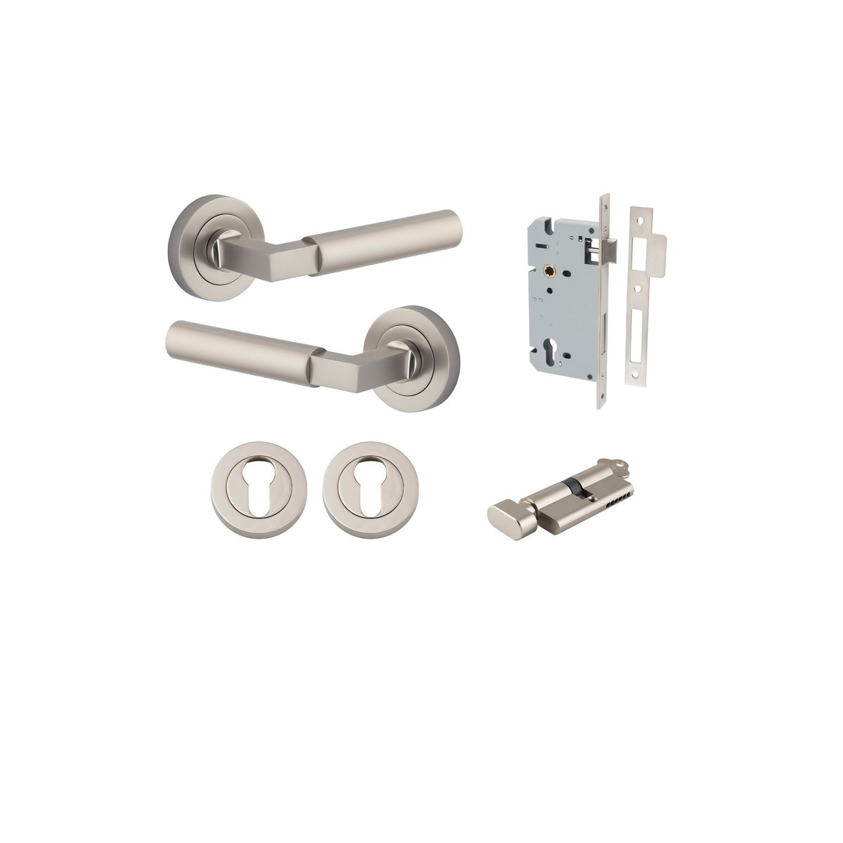 0349KENTR60KT - Berlin Lever - Round Rose Entrance Kit with High Security Lock - Satin Nickel - Entrance