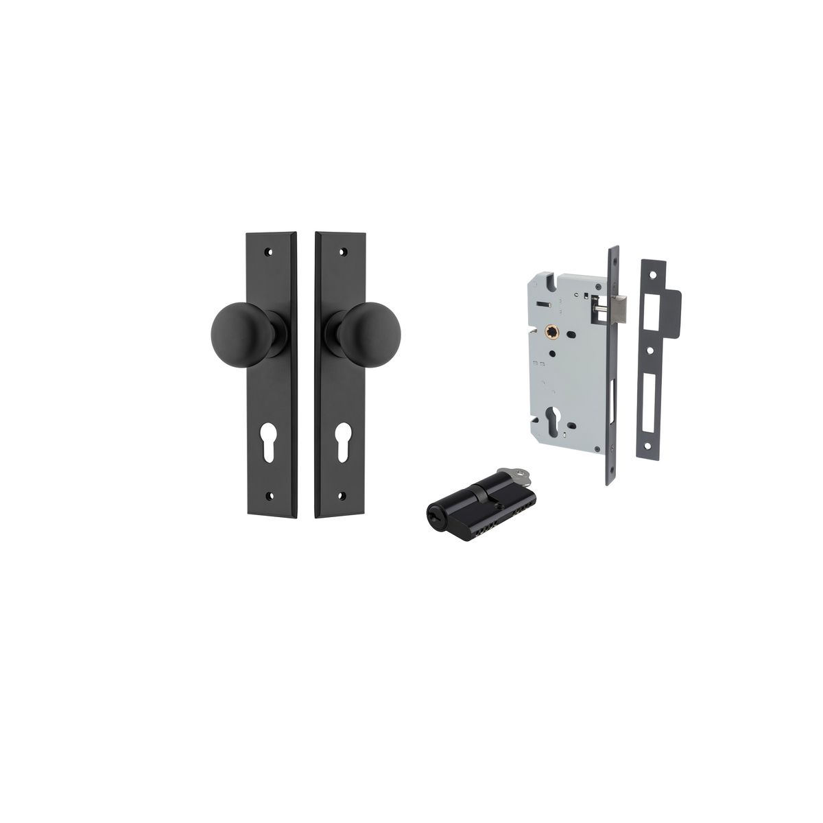 12946KENTR60KK - Cambridge Knob - Chamfered Backplate Entrance Kit with High Security Lock - Matt Black - Entrance