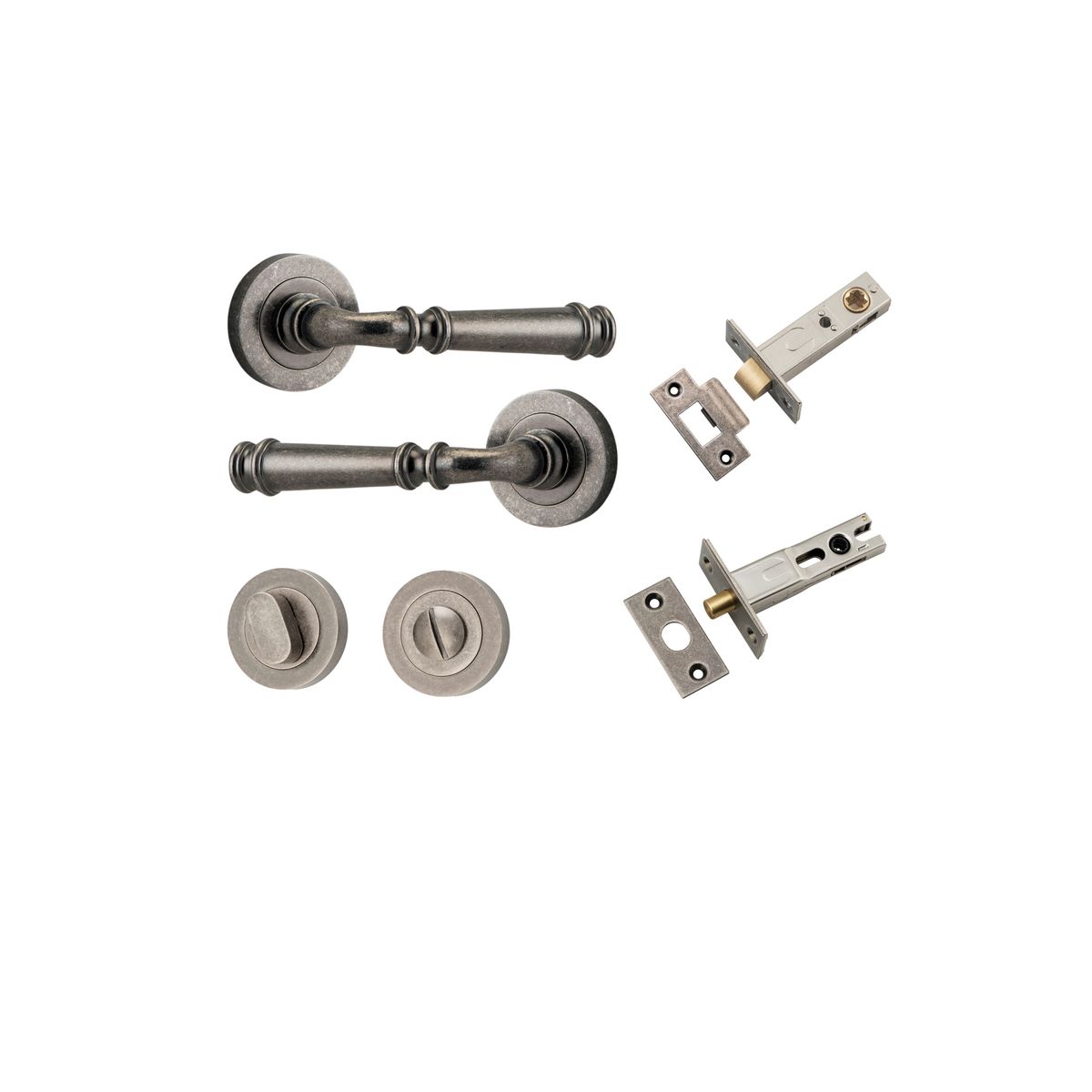 0317KPRIV60 - Verona Lever - Round Rose Privacy Kit with Separate Privacy Turn - Distressed Nickel - Privacy
